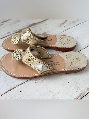 PALM BEACH SANDALS gold whipstitch leather handcrafted thong sandals sz 8 USA